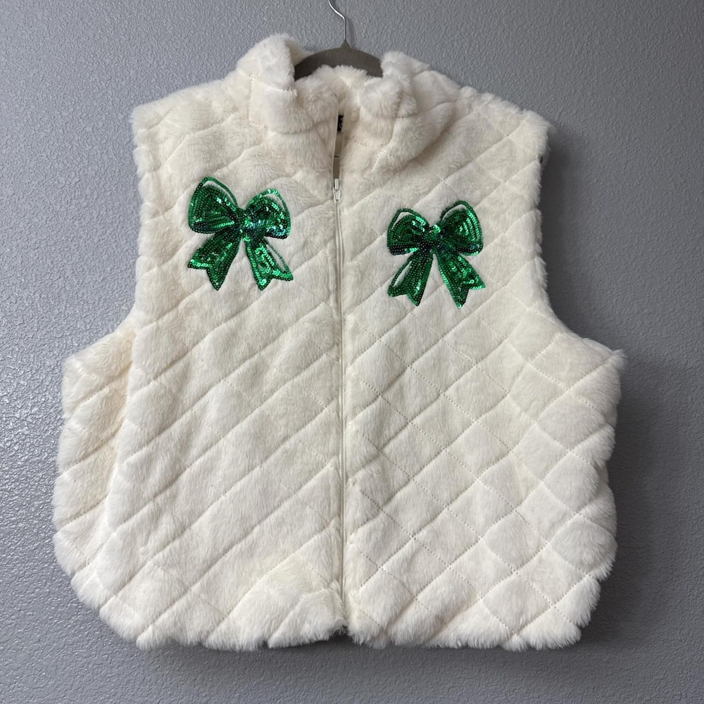 Miss Chievois White Faux Fur Vest with Green Sequin Bows and Elastic Bubble Hem